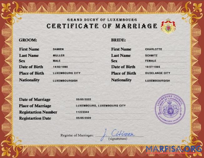 Downloadable Luxembourg marriage certificate PSD template
